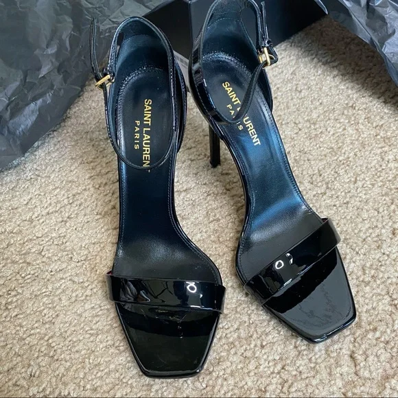 SAINT LAURENT BLACK PATENT VERNICE CHIFFON LEATHER HIGH HEEL SIZE 37 /7 - Picture 7 of 16